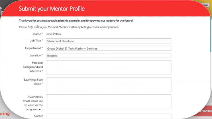 Coca-Cola HBC mentor profile form