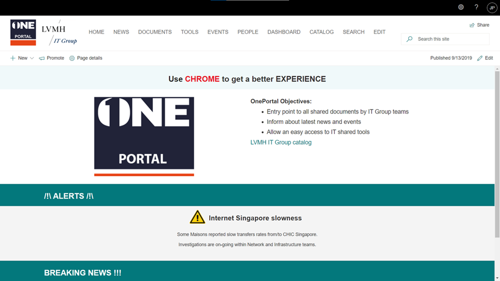 LVMH ONE Portal intranet page with IT alerts